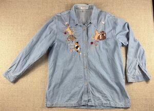 Passion 3XL Embroidered Cat Denim Shirt Womens Chambray Yarn Kittens Cottagecore